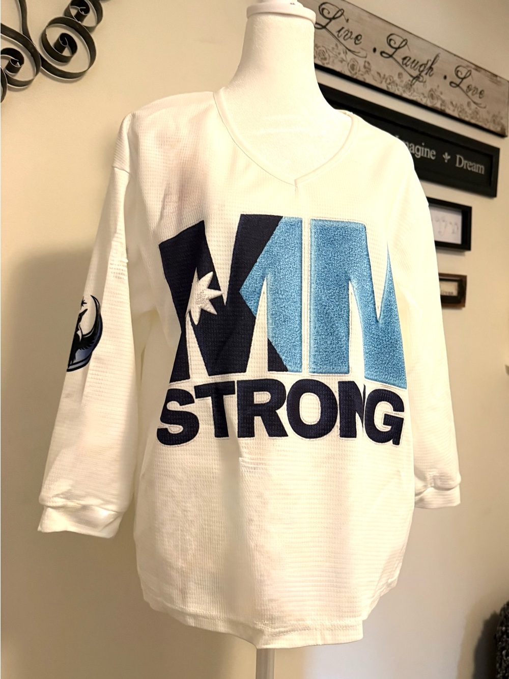 Woman’s White Minnesota STRONG' Pullover t shirt - White/Blue